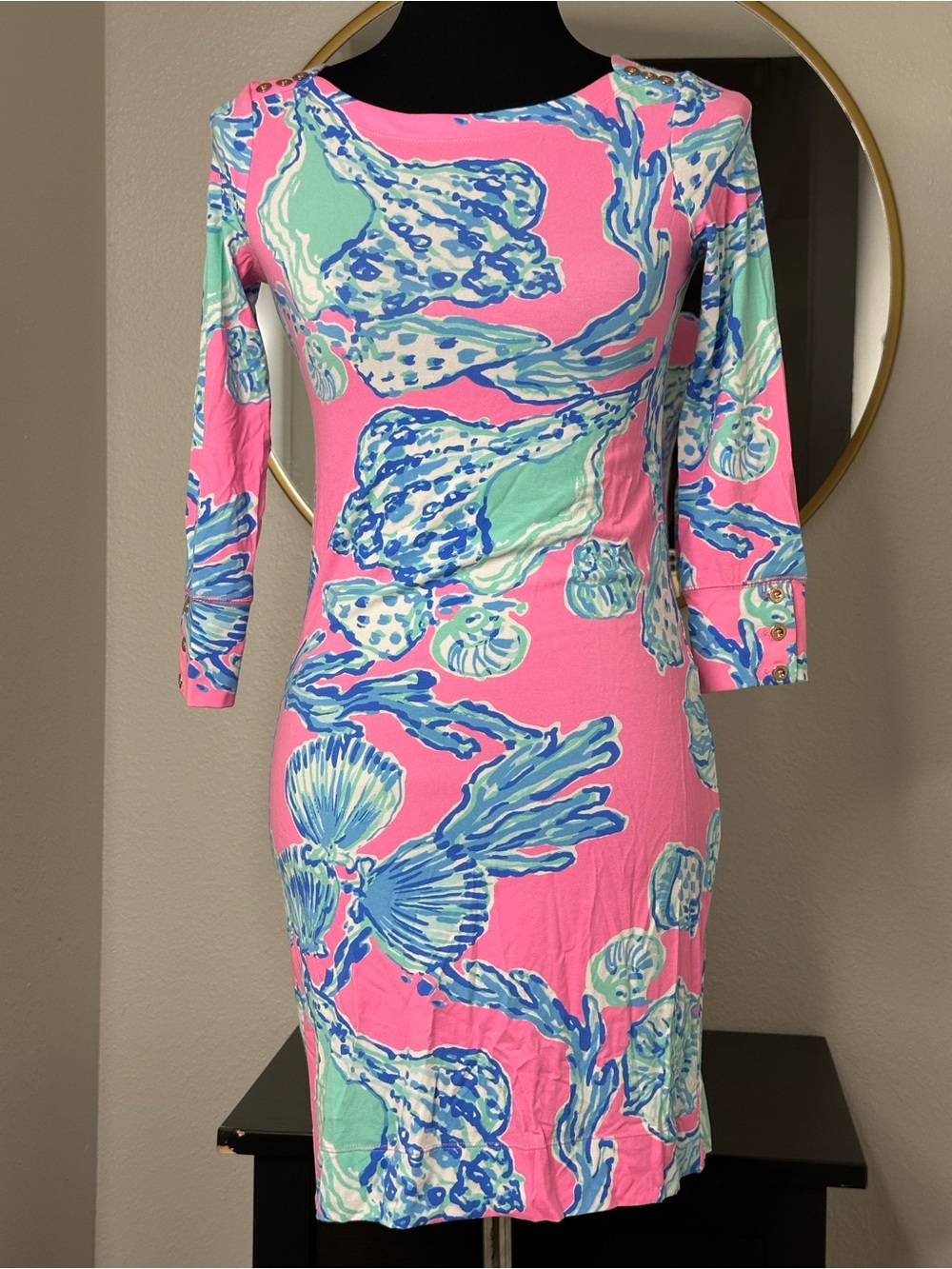 Lilly Pulitzer Pink Printed Midi Sheath Dress with Blue & Mint Sea Motif